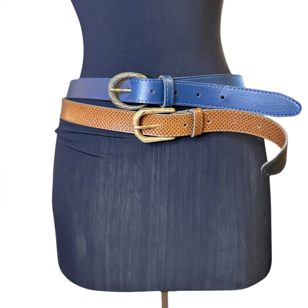 Vintage Blue and Brown Leather Belts with Gold Buckles - Picture 2 of 10